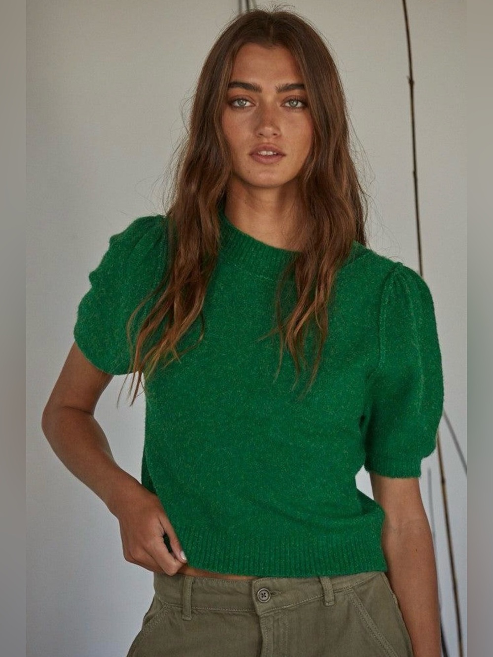 Anthropologie MOTH Connelly Kelly Green Puff Sleeve Sweater, Medium - Picture 2 of 10